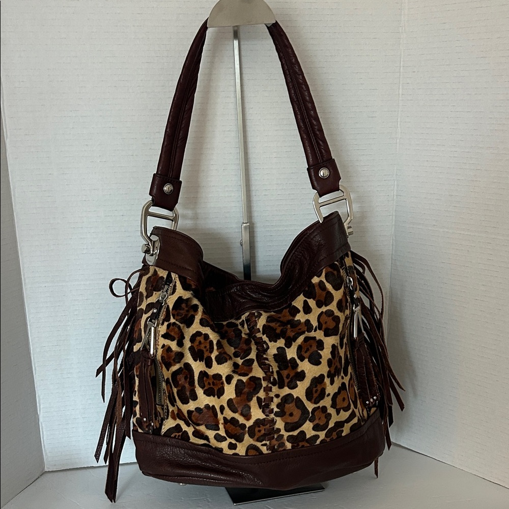 B. makowsky Leopard and Dark Brown Hobo Bag